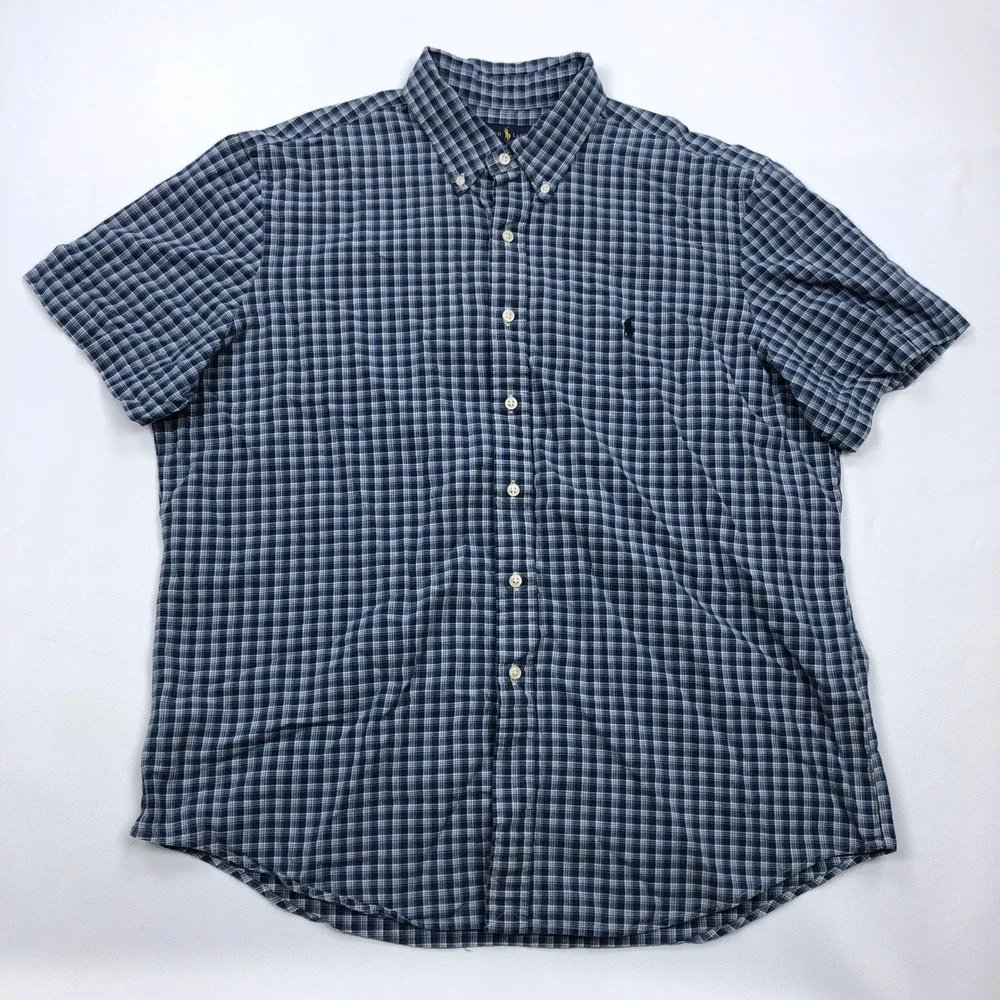 Polo Ralph Lauren Mens XL Indigo Oxford Plaid Short Sleeve Button Down Shirt